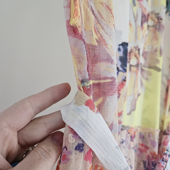 Vince Camuto Sheer Floral Midi Dress w/ Belt - Yellow Pink Watercolor - Coverup - Picture 4 of 5